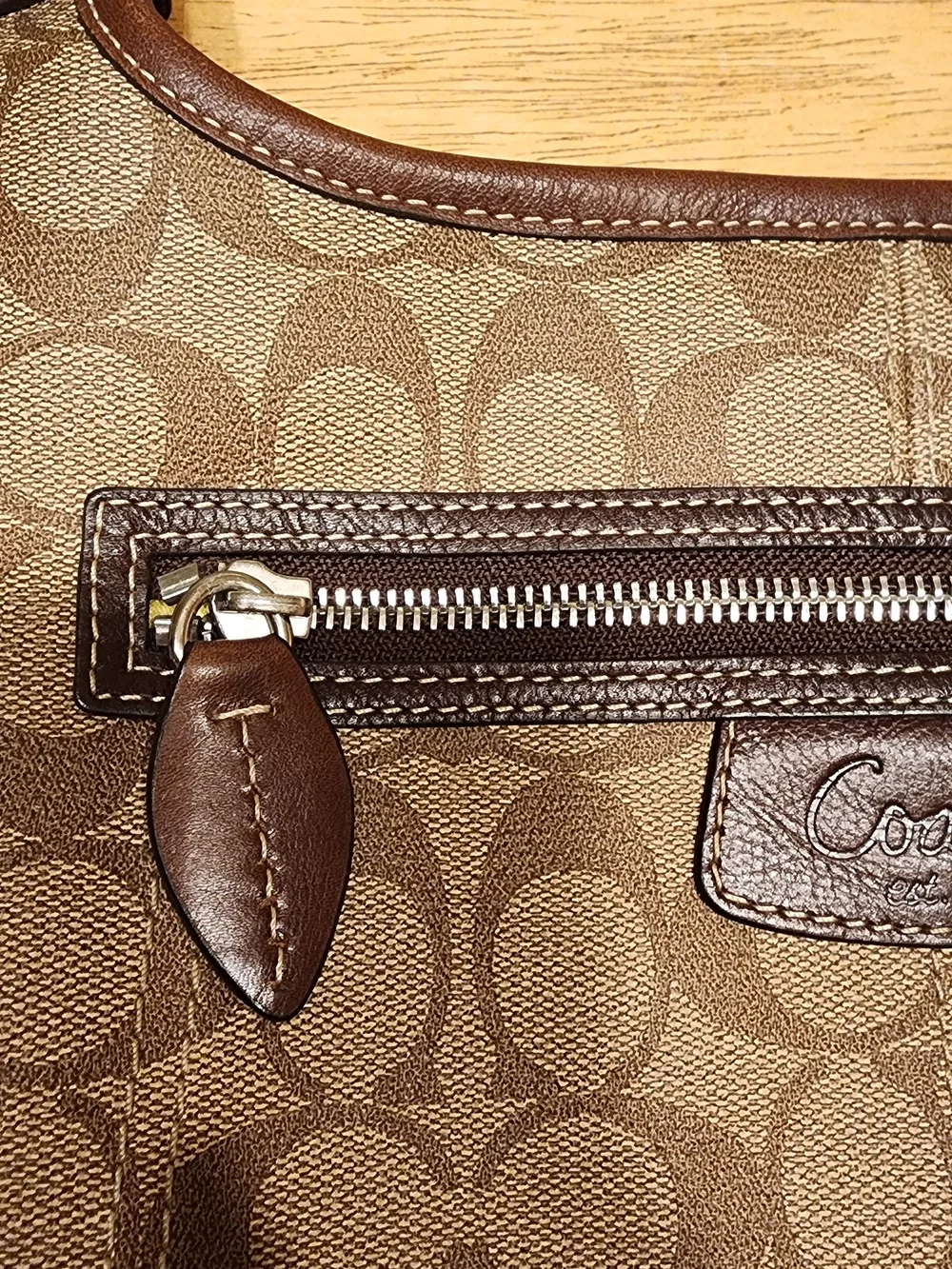 Coach Brown Signature Canvas Shoulder Bag with Dark Brown Trim